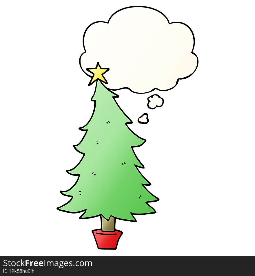 cartoon christmas tree and thought bubble in smooth gradient style