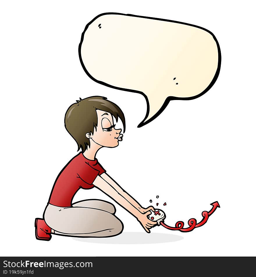 cartoon girl playing computer games with speech bubble