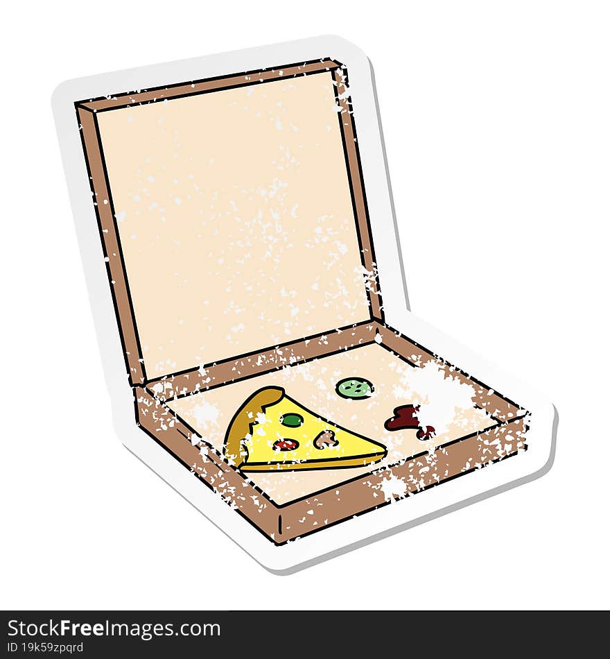 distressed sticker cartoon doodle of a slice of pizza