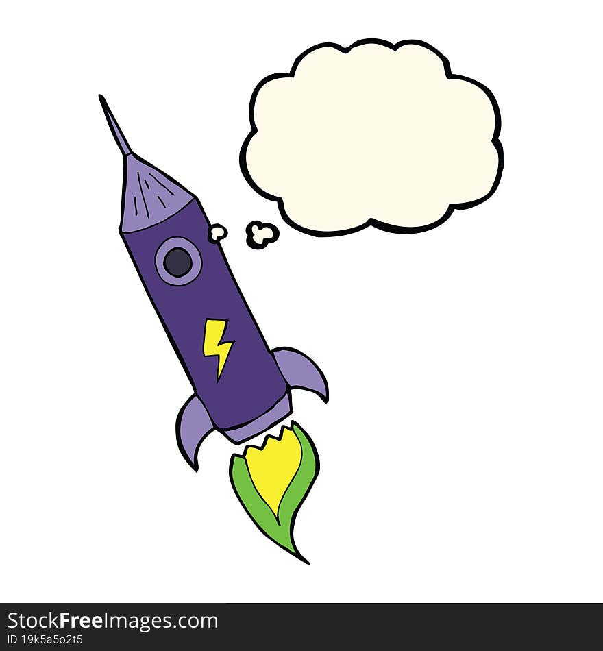 cartoon space rocket with thought bubble