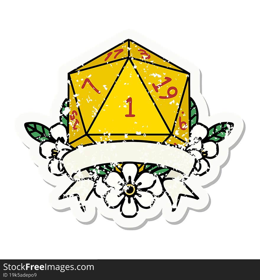 grunge sticker of a natural one d20 dice roll. grunge sticker of a natural one d20 dice roll