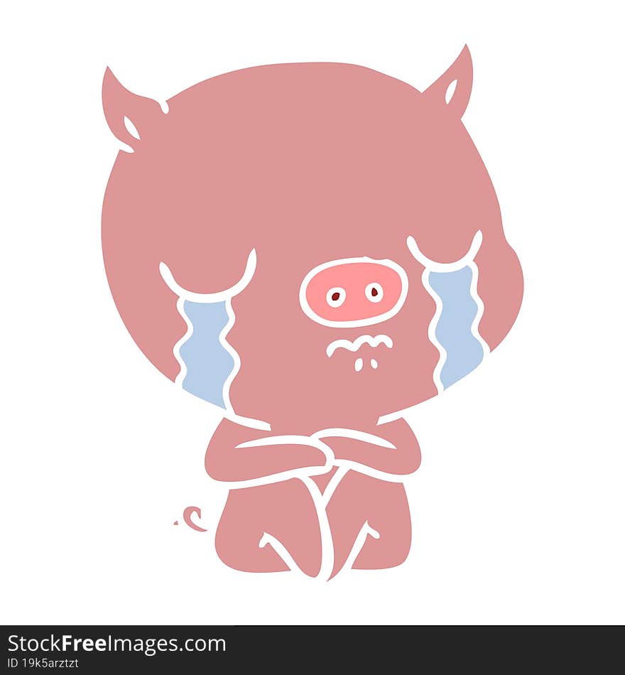 Flat Color Style Cartoon Sitting Pig Crying