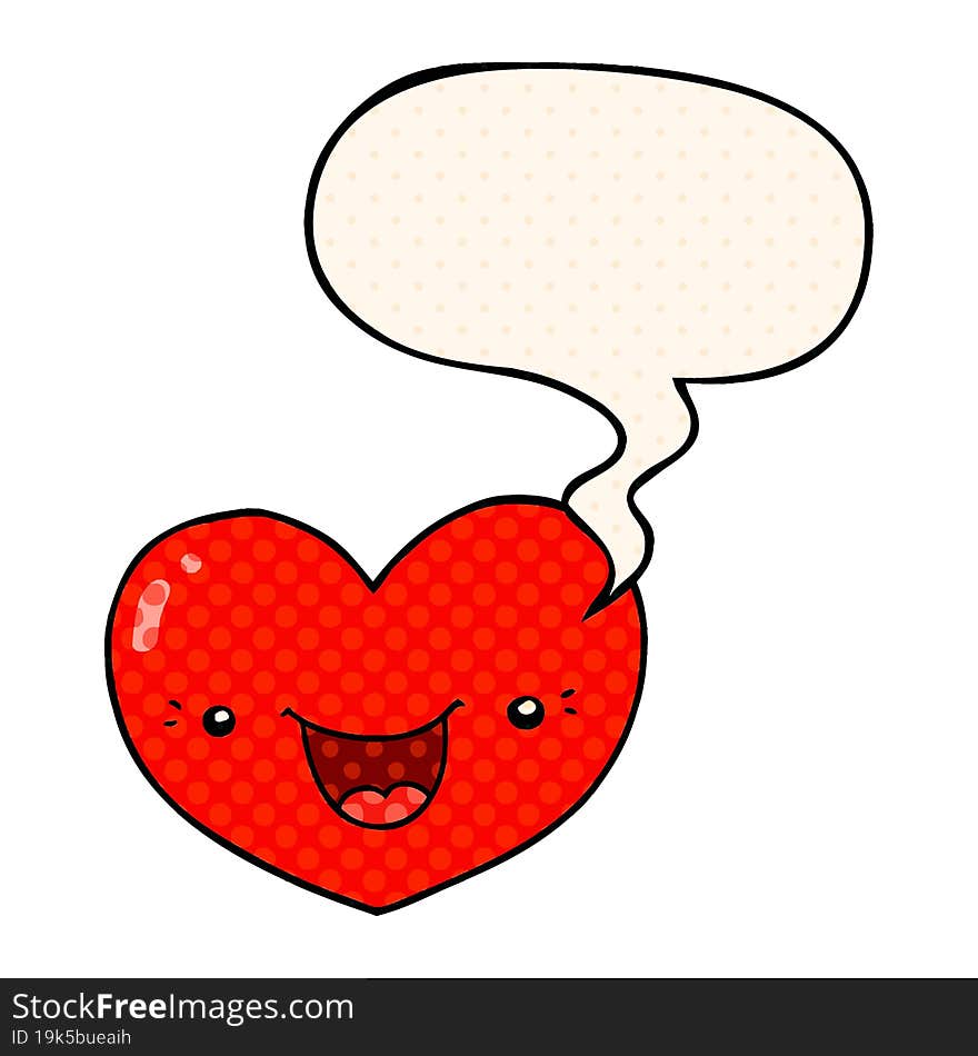 cartoon love heart character and speech bubble in comic book style