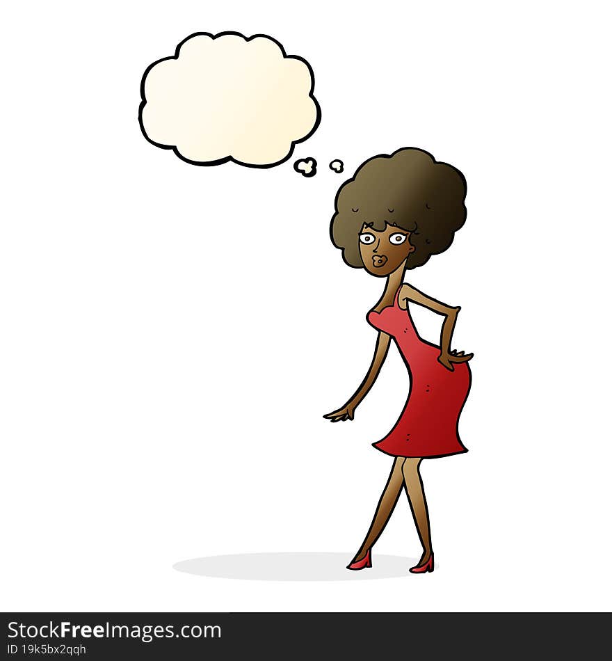 cartoon woman posing in dress with thought bubble