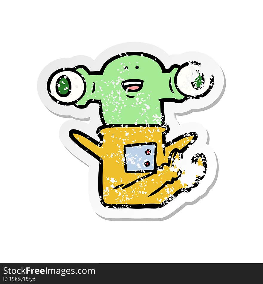 Distressed Sticker Of A Friendly Cartoon Alien Sitting Down