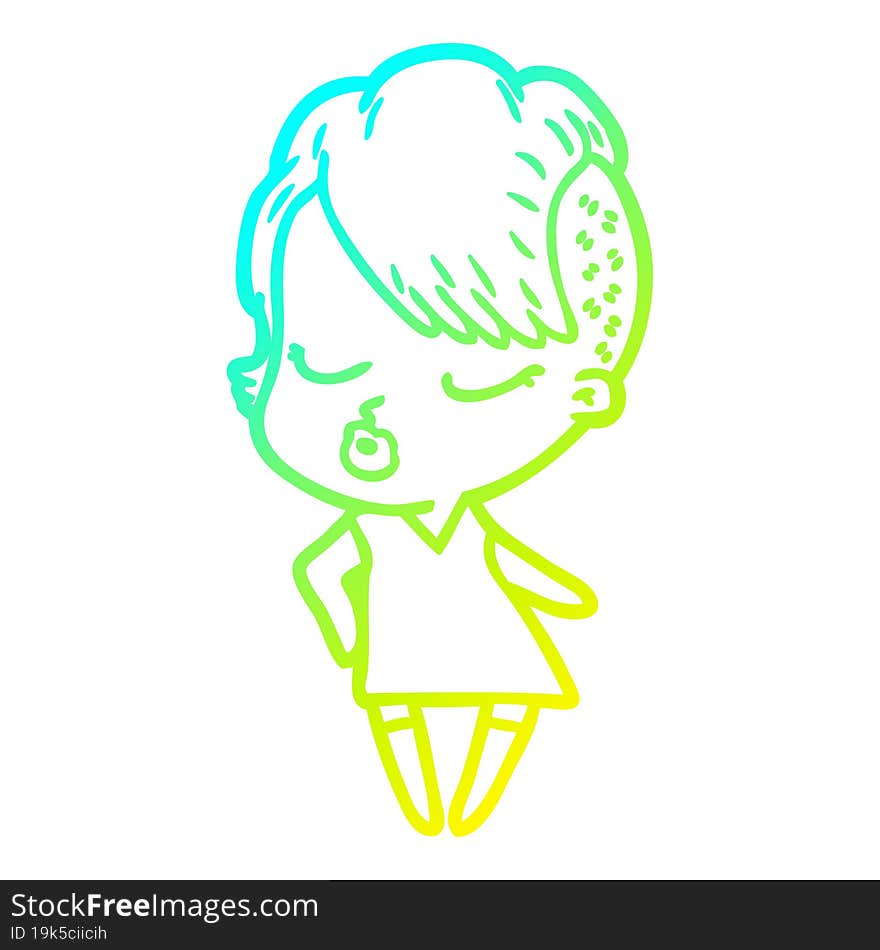 Cold Gradient Line Drawing Cartoon Pretty Hipster Girl