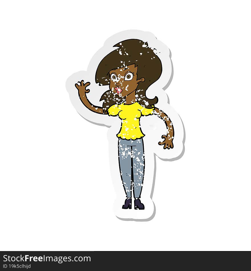 retro distressed sticker of a cartoon pretty woman waving