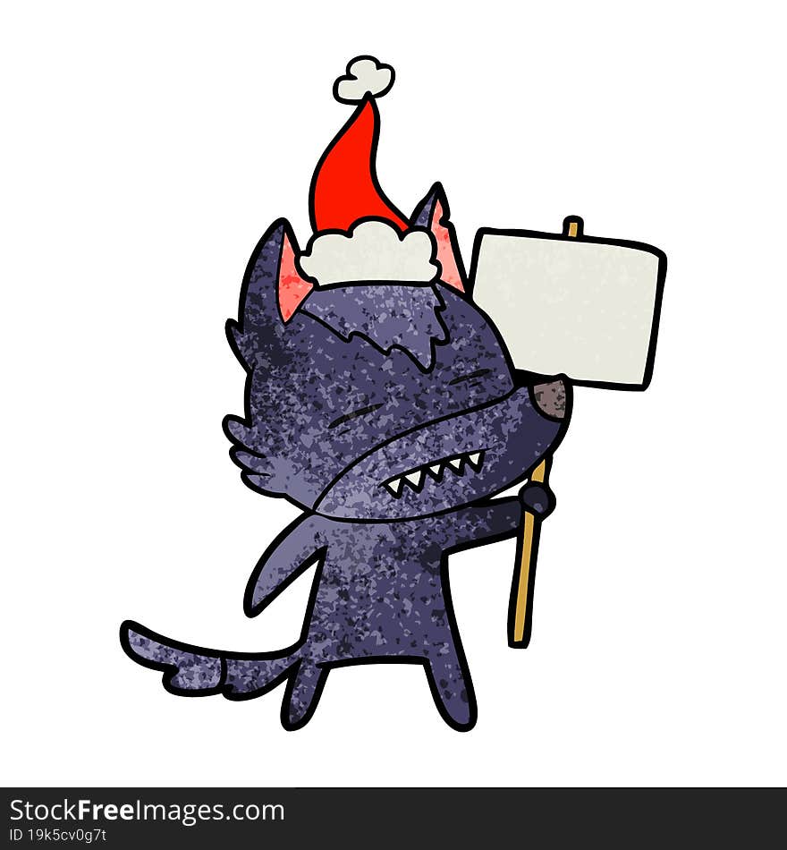 textured cartoon of a wolf with sign post showing teeth wearing santa hat