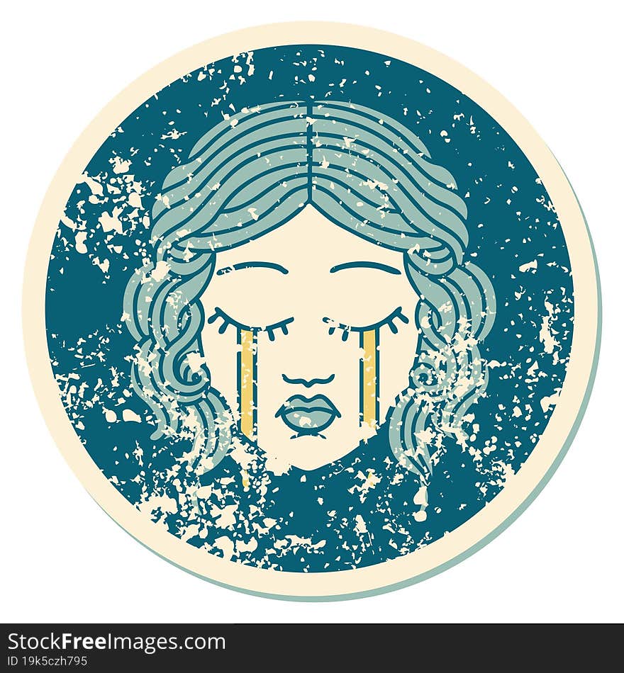 distressed sticker tattoo style icon of female face crying