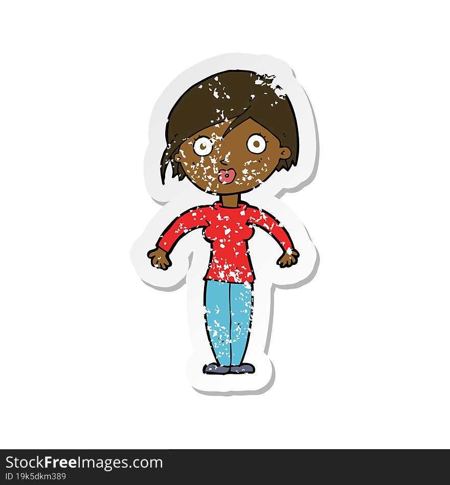 retro distressed sticker of a cartoon surprised woman