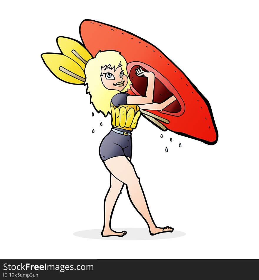 cartoon woman carrying canoe