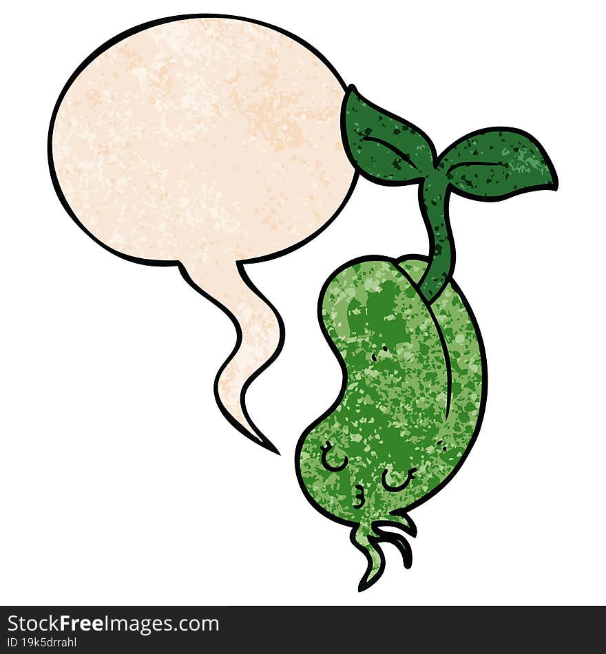 cartoon sprouting bean and speech bubble in retro texture style