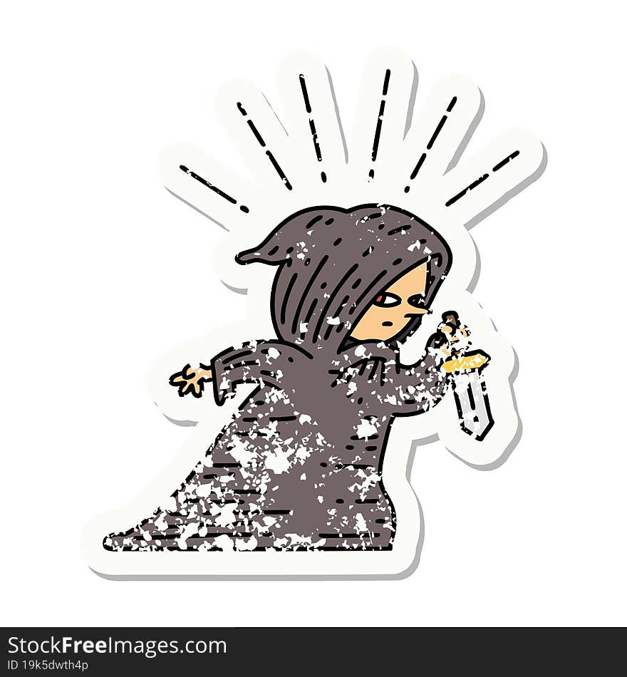 Grunge Sticker Of Tattoo Style Assassin With Knife