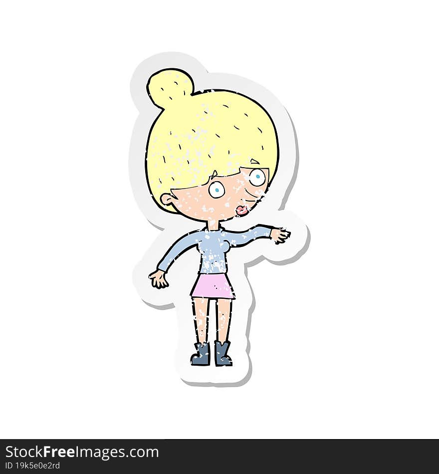 retro distressed sticker of a cartoon surprised woman