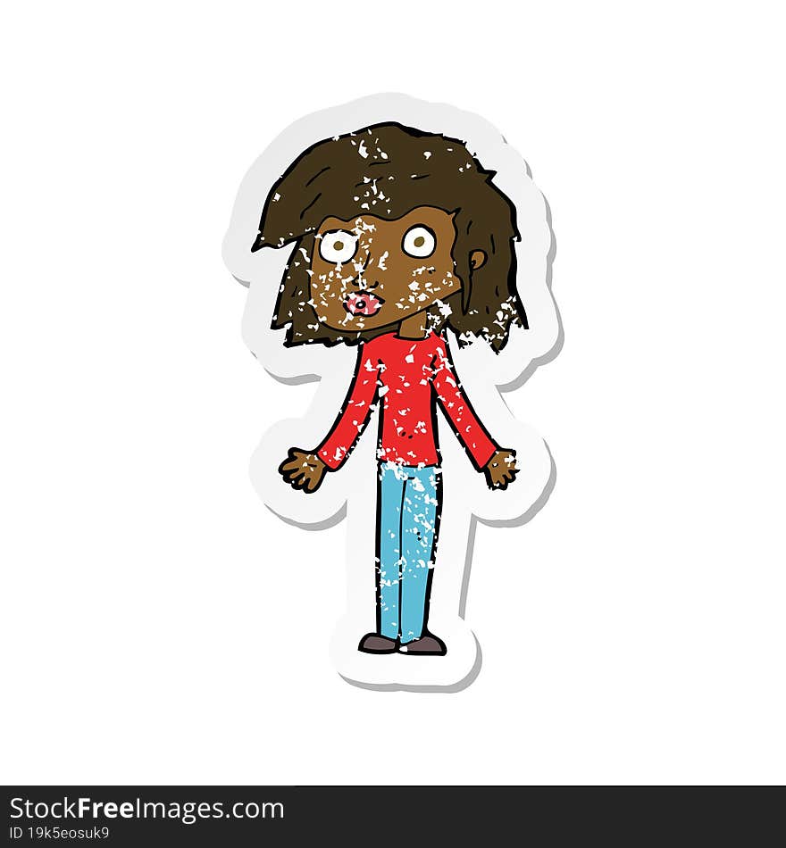 retro distressed sticker of a cartoon girl shrugging shoulders