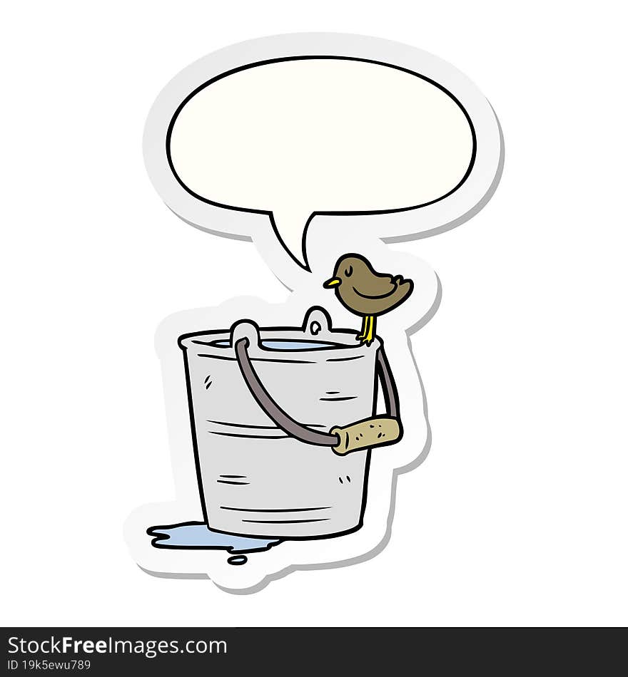 cartoon bird looking into bucket of water and speech bubble sticker