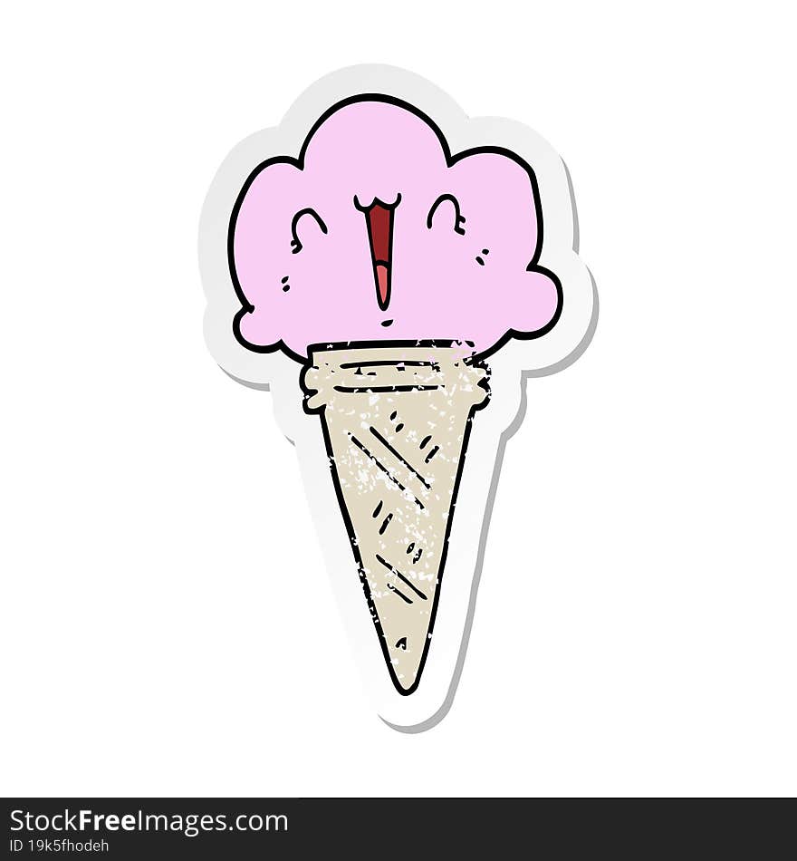 distressed sticker of a cartoon ice cream with face