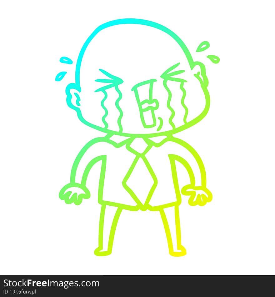 cold gradient line drawing cartoon crying bald man