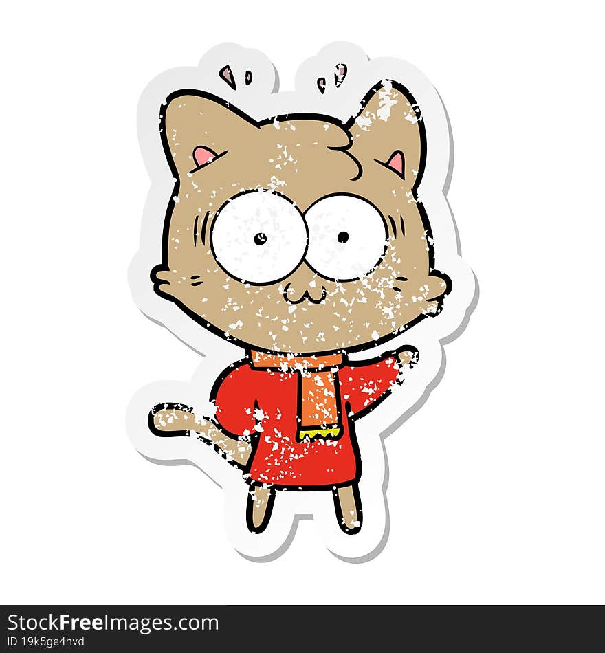 distressed sticker of a cartoon surprised cat wearing warm winter clothes