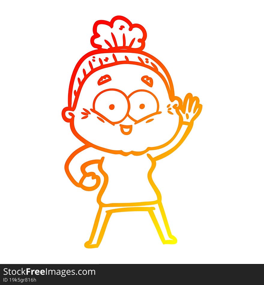 warm gradient line drawing of a cartoon happy old woman