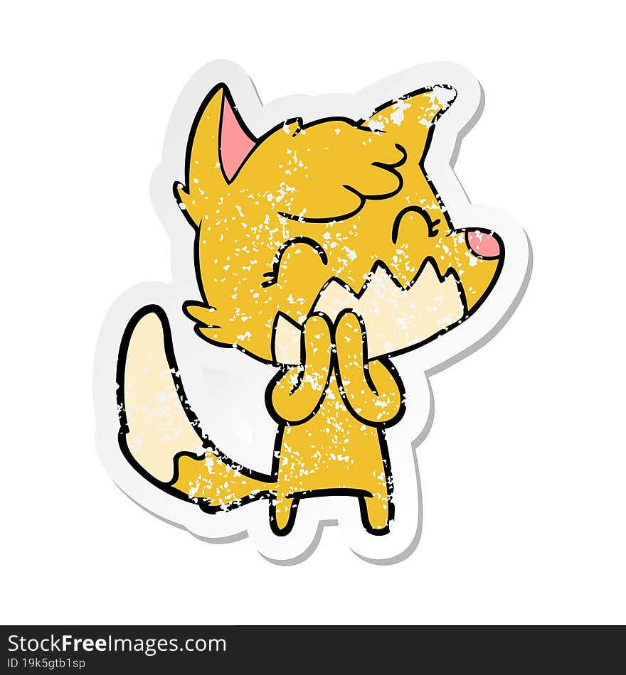 distressed sticker of a happy cartoon fox