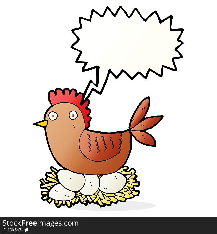 Cartoon Hen On Eggs With Speech Bubble