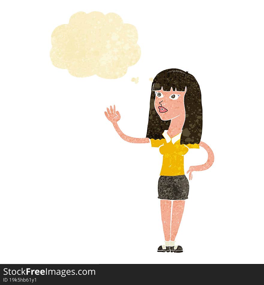 cartoon pretty woman waving with thought bubble