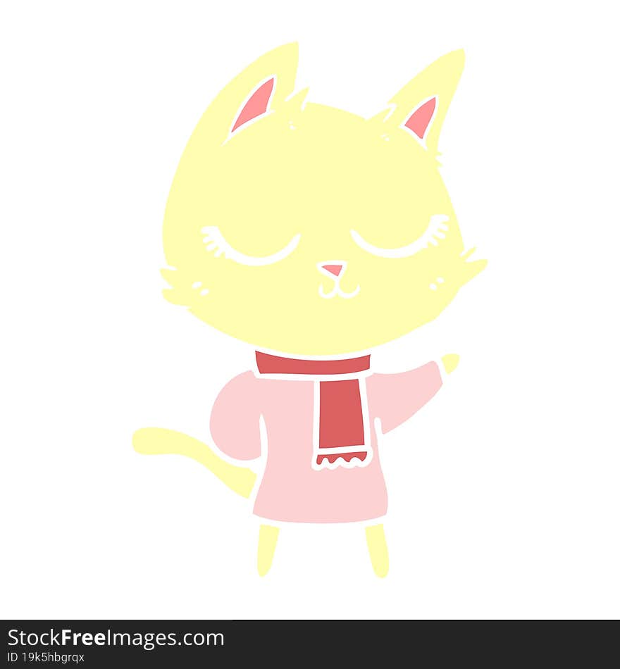 calm flat color style cartoon cat wearing scarf