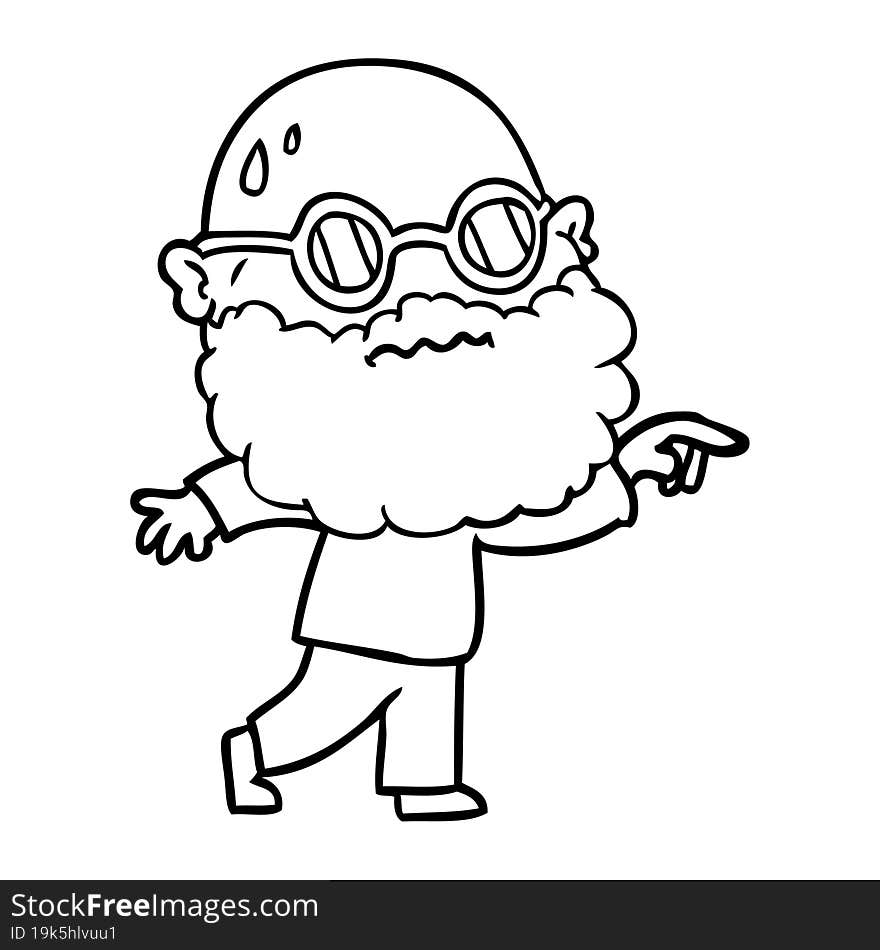 cartoon worried man with beard and spectacles pointing finger. cartoon worried man with beard and spectacles pointing finger