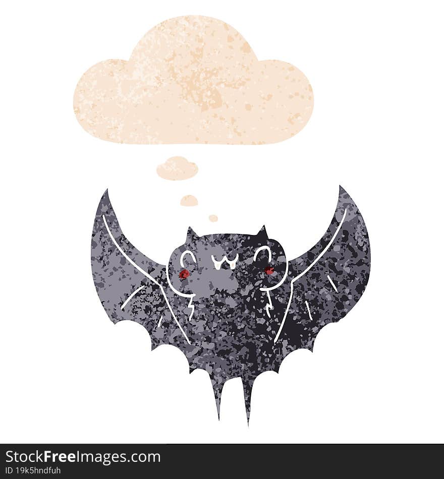 cartoon bat and thought bubble in retro textured style