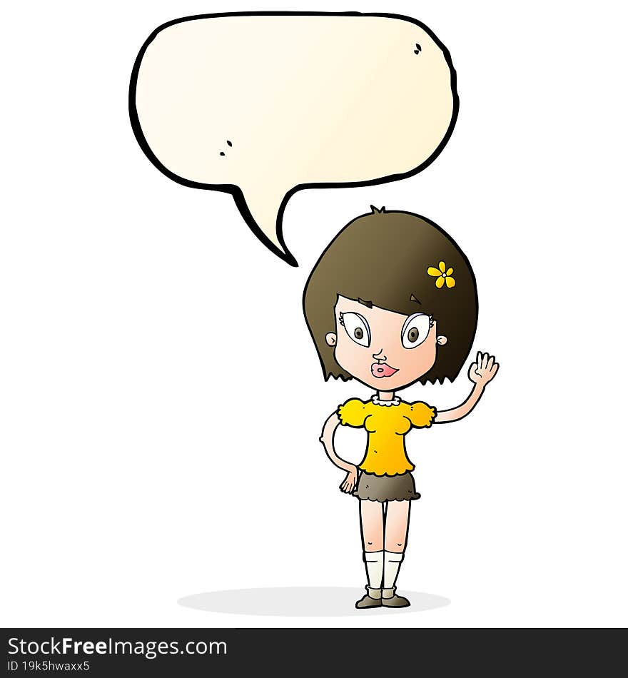 cartoon pretty girl waving with speech bubble