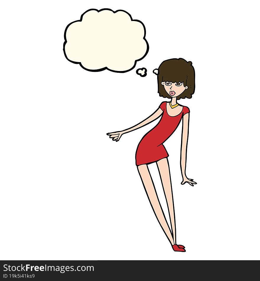 cartoon woman in dress leaning with thought bubble