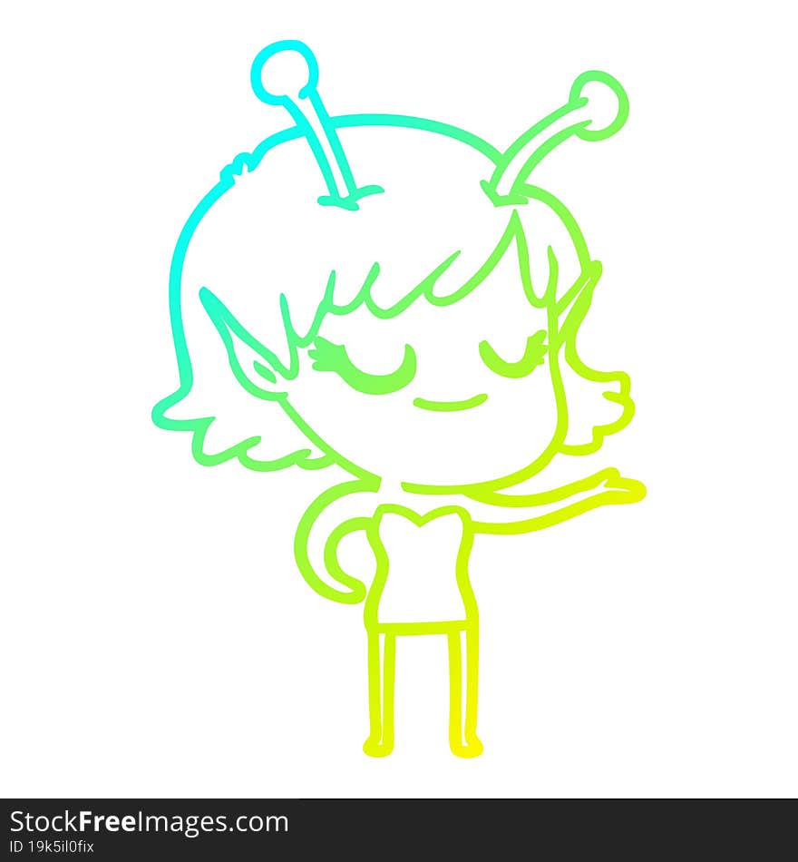 cold gradient line drawing smiling alien girl cartoon