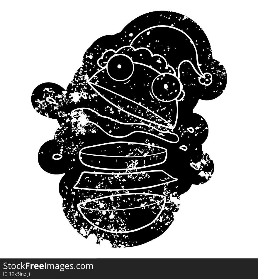 quirky cartoon distressed icon of a amazing burger wearing santa hat