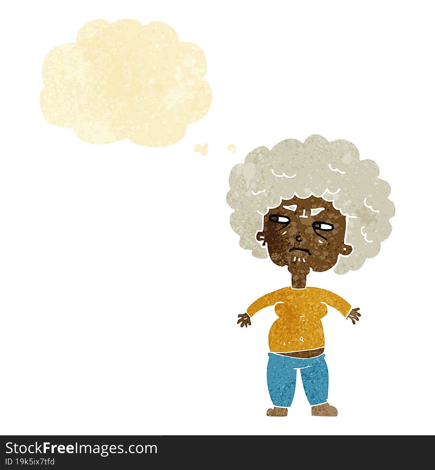 cartoon annoyed old woman with thought bubble