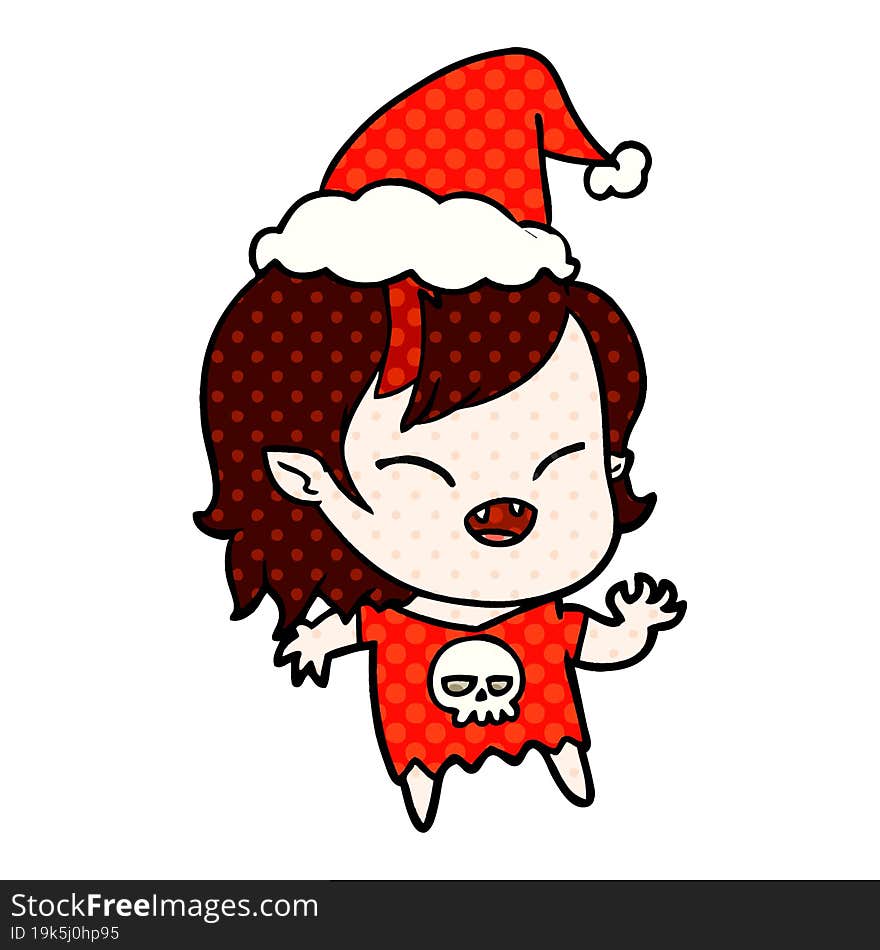 comic book style illustration of a laughing vampire girl wearing santa hat