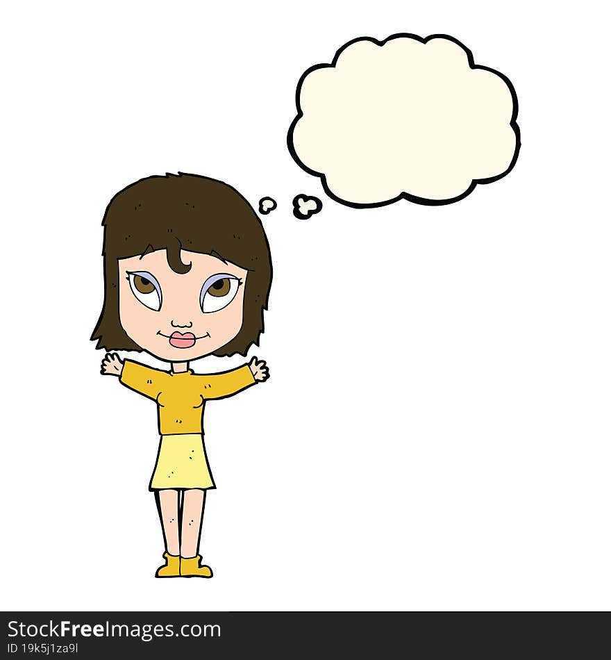 cartoon woman with open arms with thought bubble