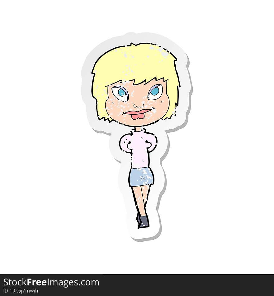 retro distressed sticker of a cartoon happy woman