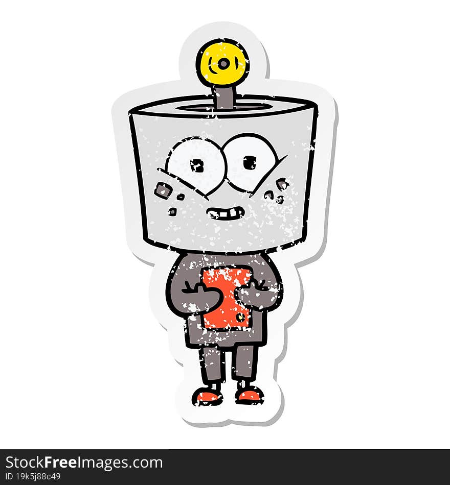 Distressed Sticker Of A Happy Cartoon Robot