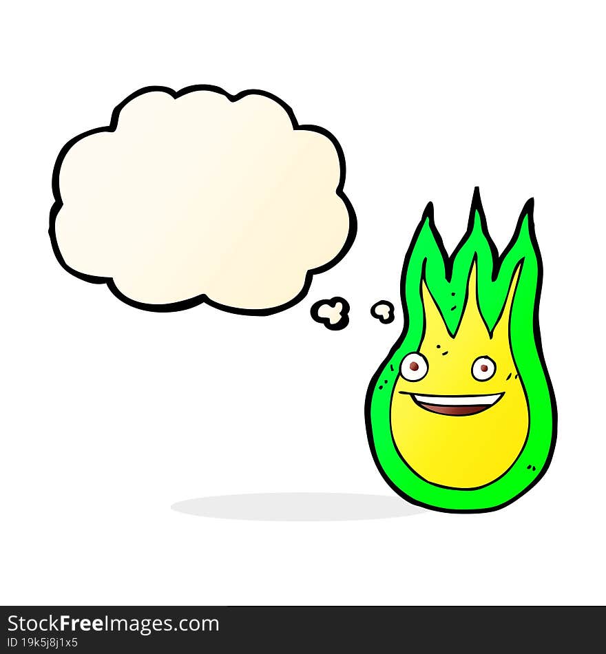 cartoon friendly fireball with thought bubble