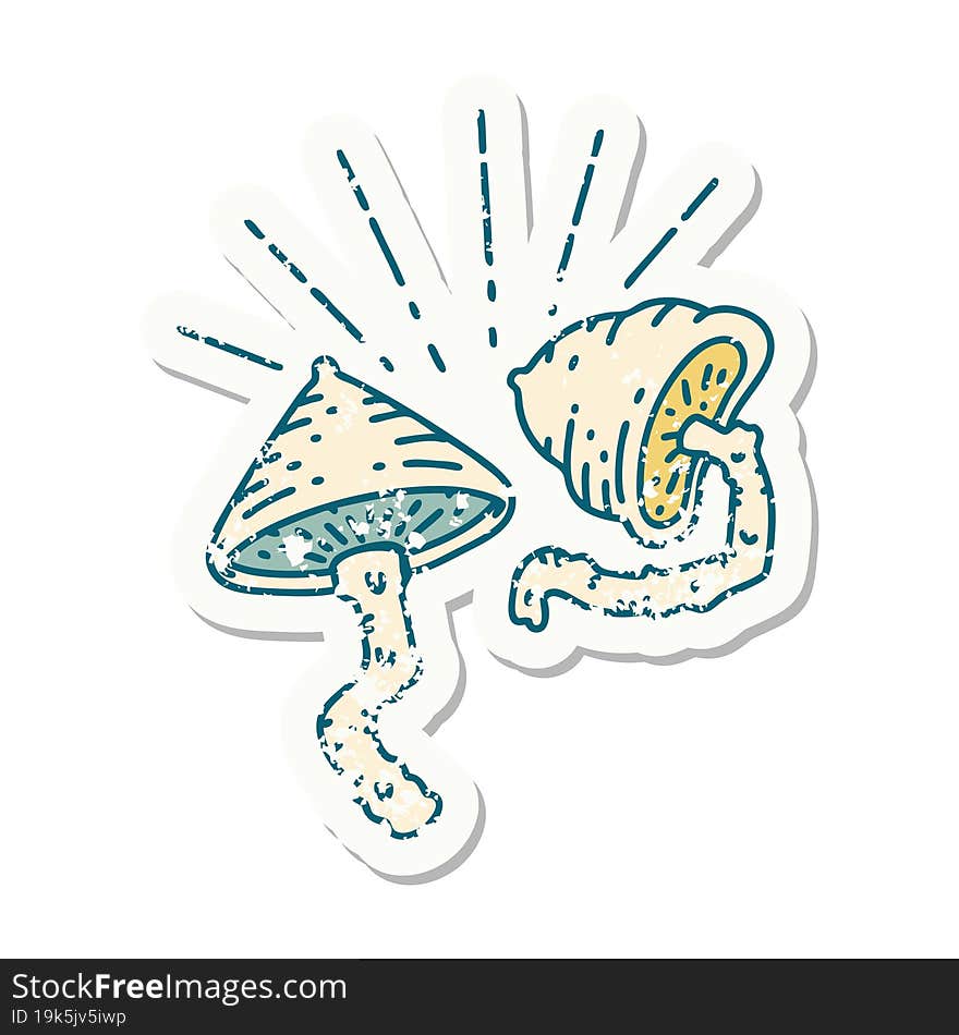 grunge sticker of tattoo style mushrooms