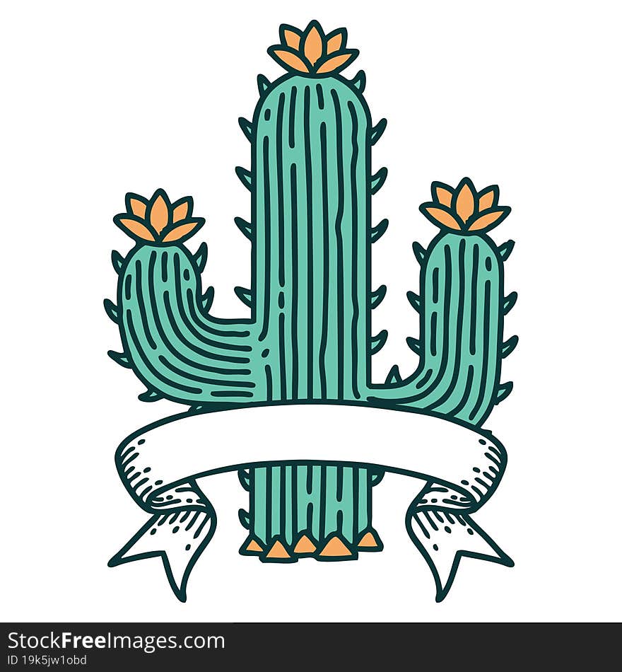 Tattoo With Banner Of A Cactus