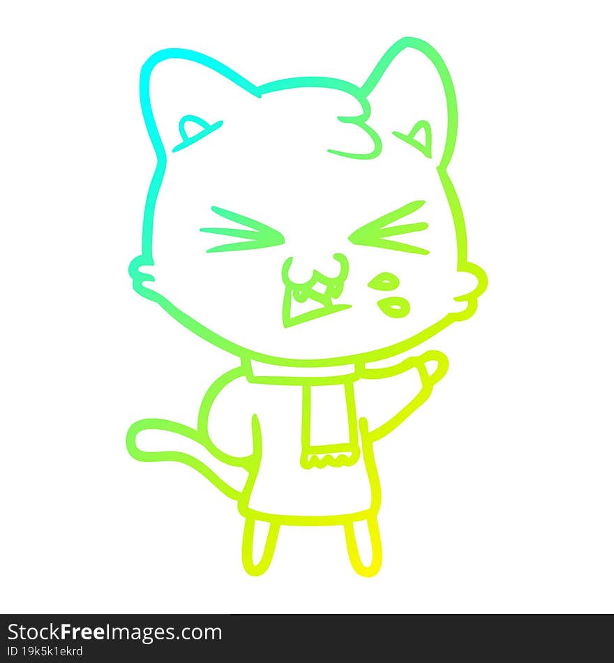 cold gradient line drawing of a cartoon cat hissing