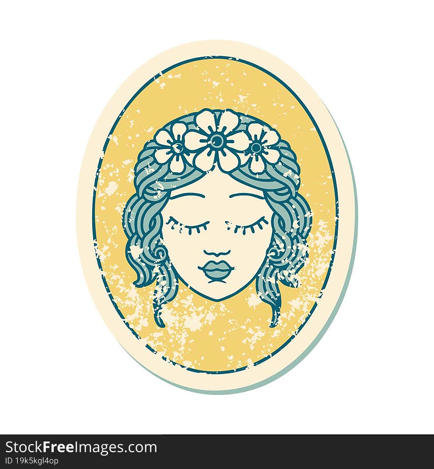 distressed sticker tattoo style icon of a maiden with eyes closed