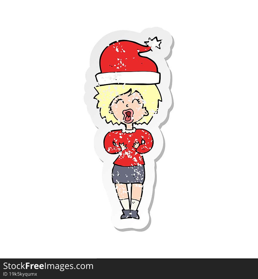 Retro Distressed Sticker Of A Cartoon Woman Getting Ready For Christmas