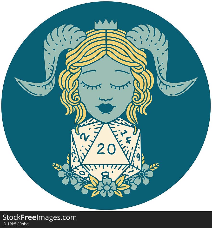 icon of tiefling with natural twenty d20 dice roll. icon of tiefling with natural twenty d20 dice roll