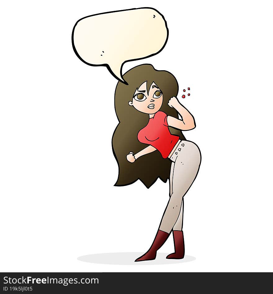 cartoon woman raising fist with speech bubble