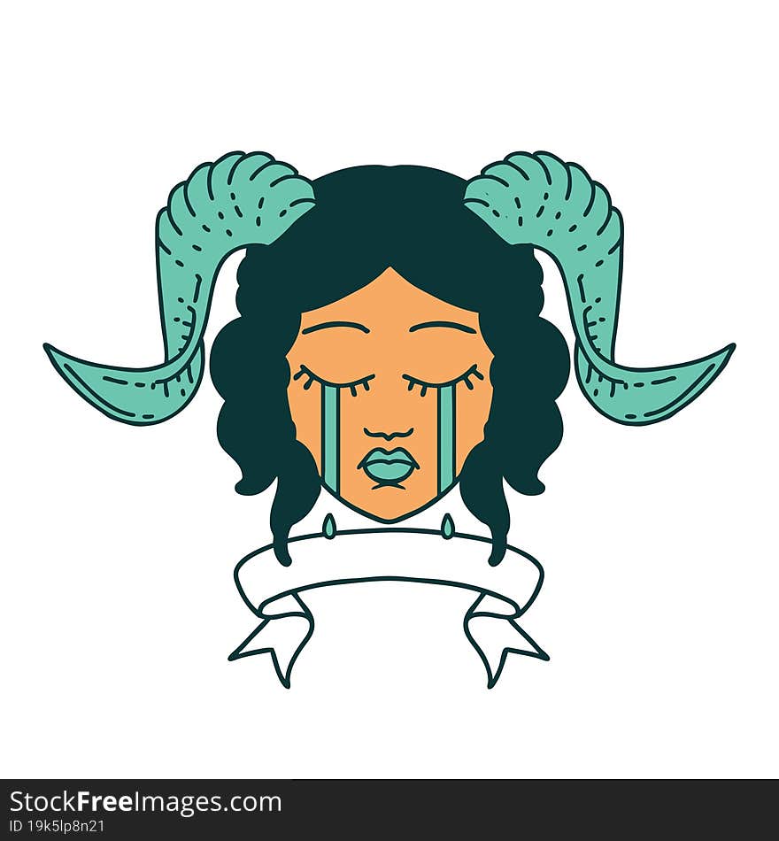 crying tiefling character face with scroll banner icon