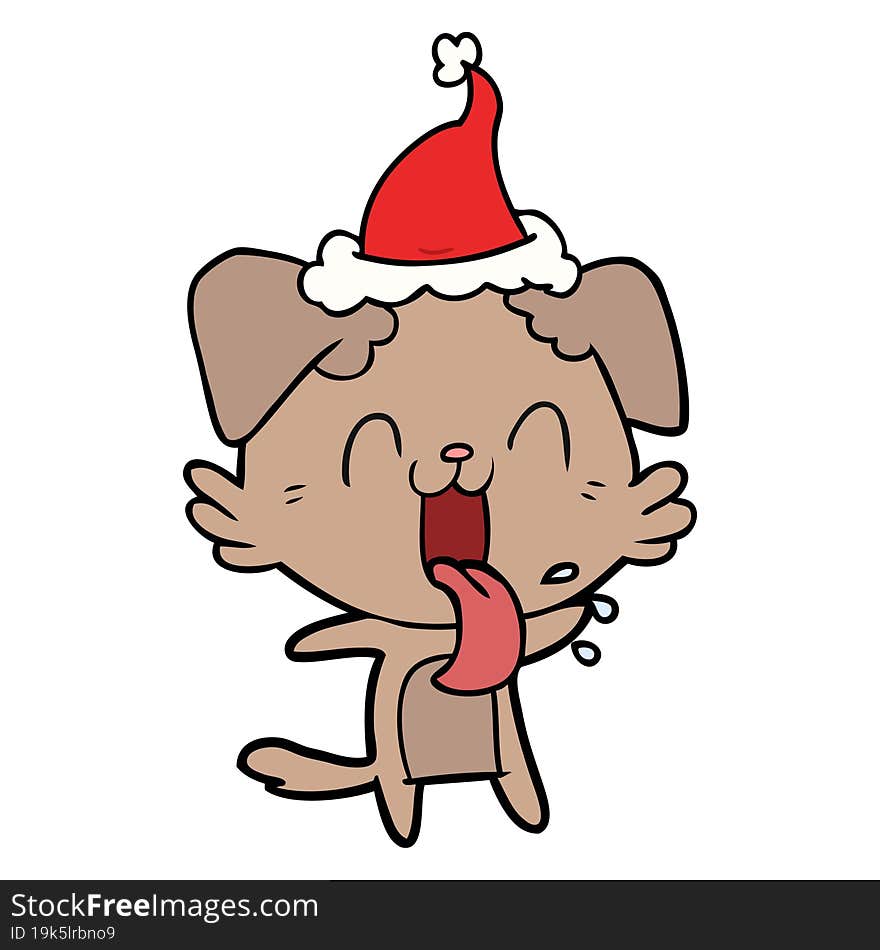 hand drawn line drawing of a panting dog wearing santa hat