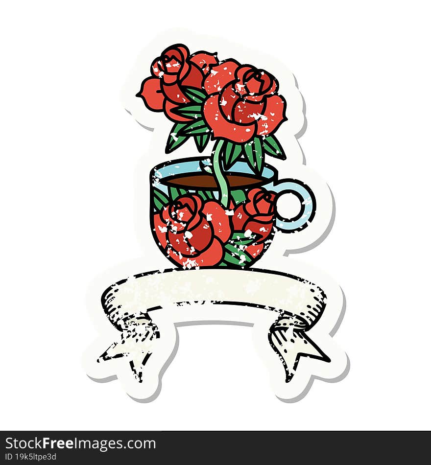 Grunge Sticker With Banner Of A Cup And Flowers